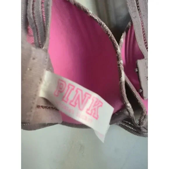 Victoria’s Secret PINK Lined Demi Bra 32DD Grey Pink Lace Racerback - Picture 5 of 6
